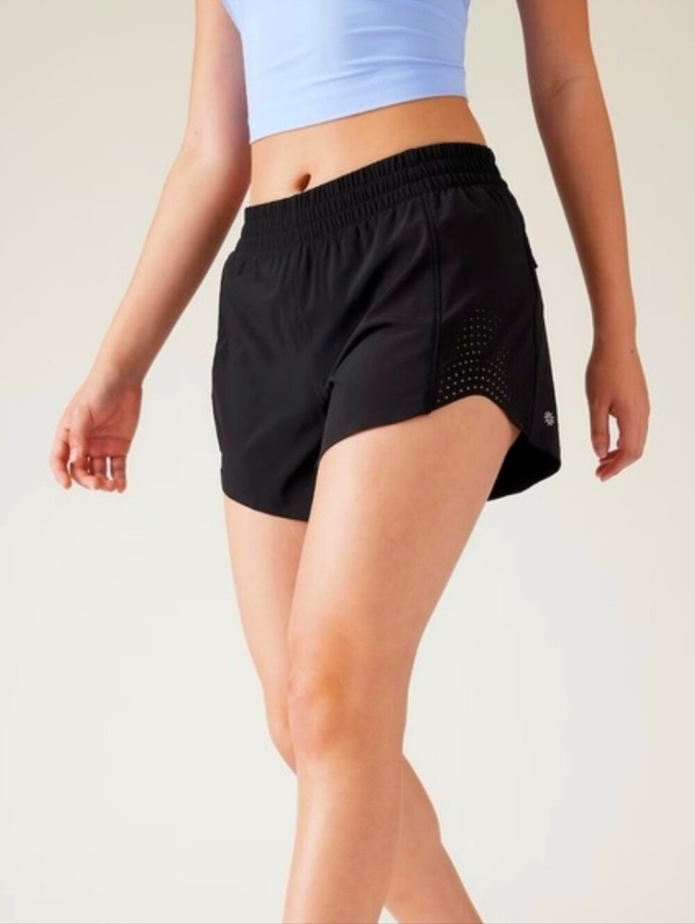 Athleta Black 4.5 Hustle Athletic Running Shorts with Laser-Cut Side Panels